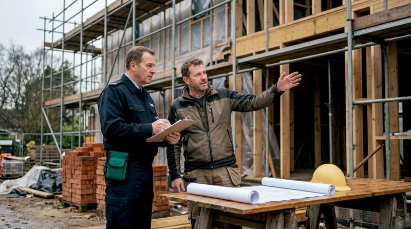 Building inspector and contractor at construction site