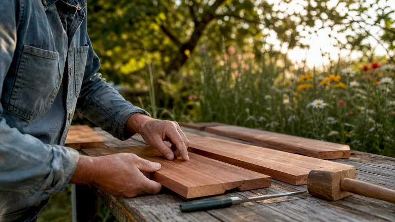 Hands selecting cedar wood and screws outdoors