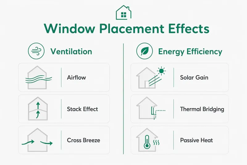 Infographic comparing window placement effects on ventilation and energy