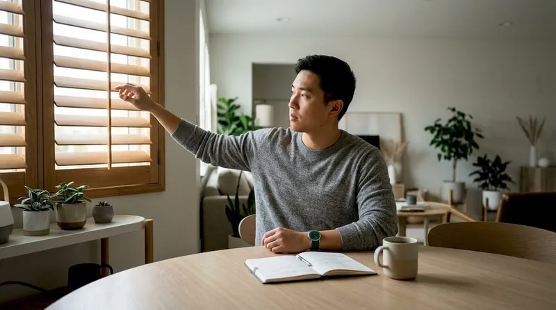 Man adjusting blinds at low sill horizontal window