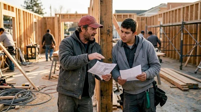 Contractors discussing Scope Sheet in renovation site