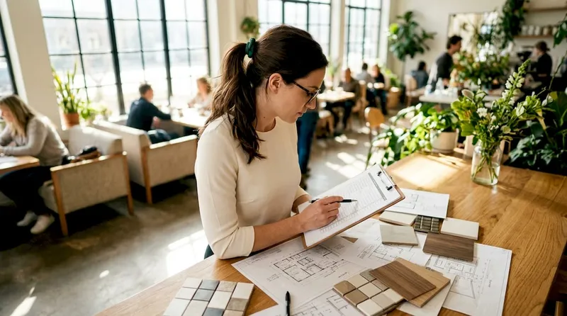 Female planner assessing renovation priority checklist