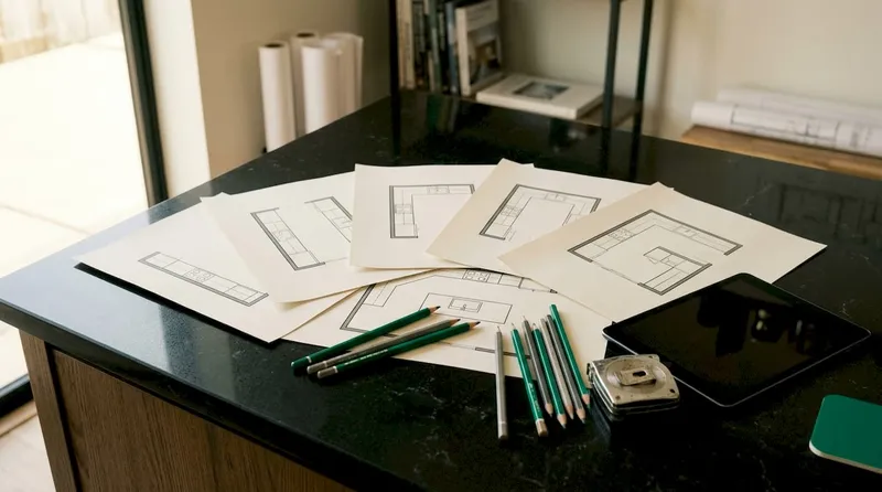 Architectural floor plans showing kitchen layouts