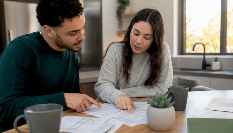 Couple discussing home equity loan paperwork at home
