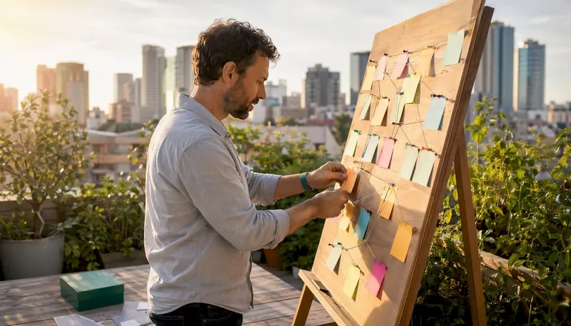 Hands arranging sticky notes showing project task dependencies