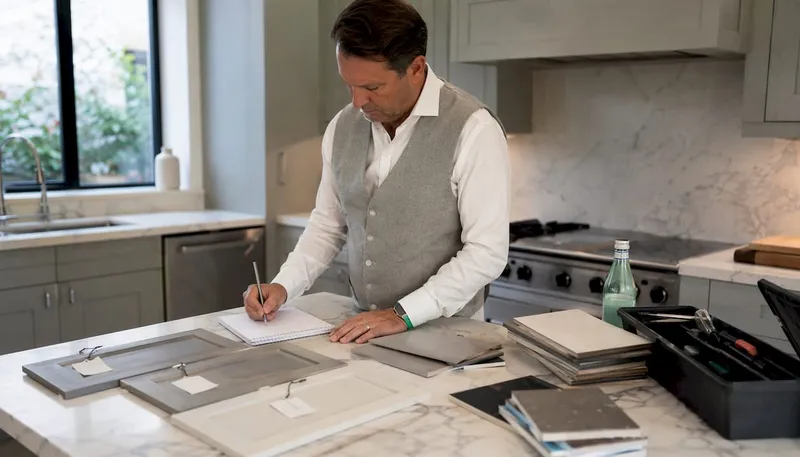 Hands sorting kitchen cabinet samples and notes