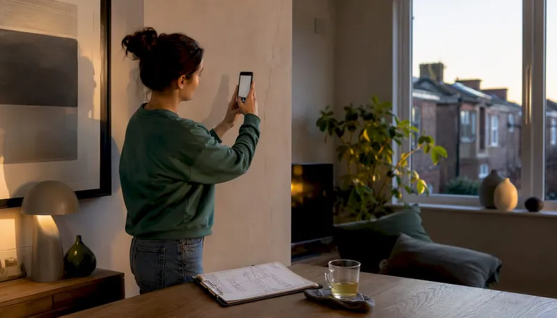 Homeowner documenting cracks with phone and notebook