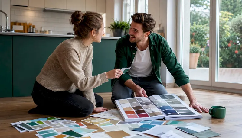 Couple planning home colour scheme with samples