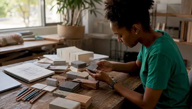 Architect hands arranging building material samples overhead