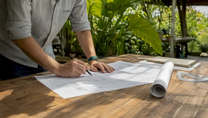Architect reviewing building plans in studio