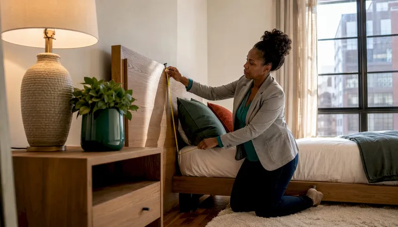 Interior designer adjusting bed position for comfort