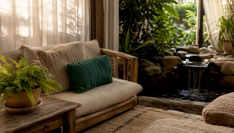 Living room showcasing natural elements and plants