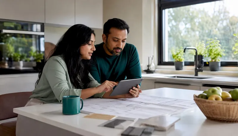 Couple discussing renovation plans in kitchen