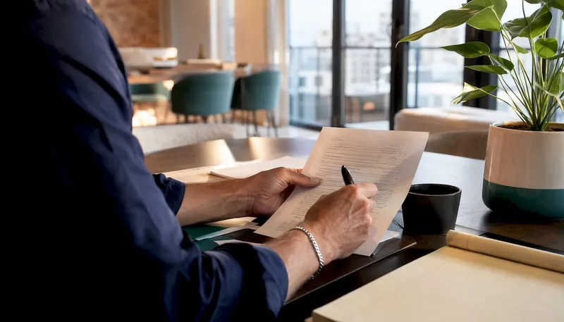 Hands pointing at contract clauses with legal books nearby