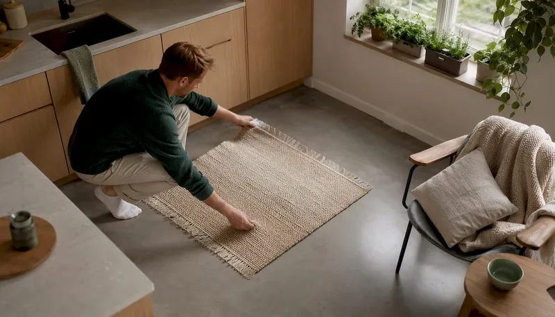 Man placing woven textiles in Japandi living room