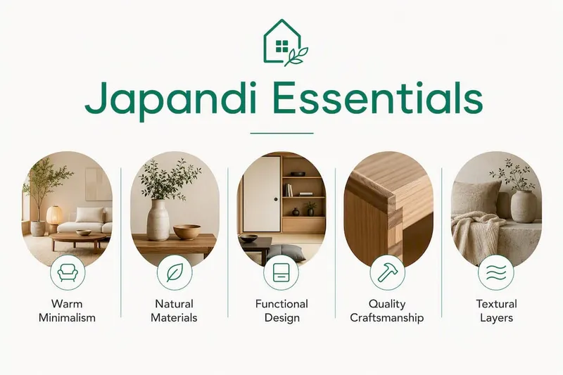 Infographic showing core Japandi style characteristics with key points