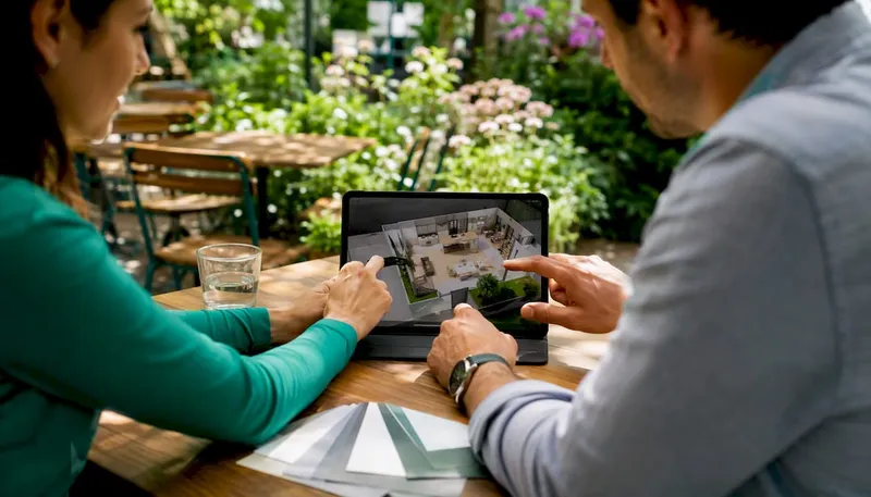 Hands adjusting 3D renovation plan on tablet at desk