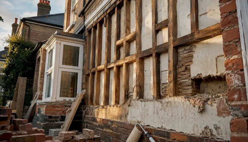 Unfinished brick wall at UK renovation site