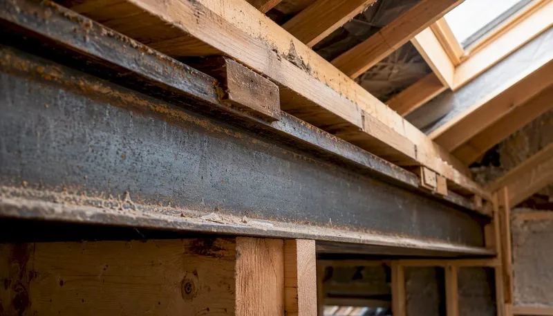 Steel RSJ beam and timber joists in loft