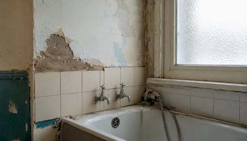 Worn tiles and damp corner in old UK bathroom