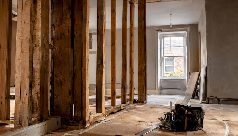 Exposed timber frame wall in renovation
