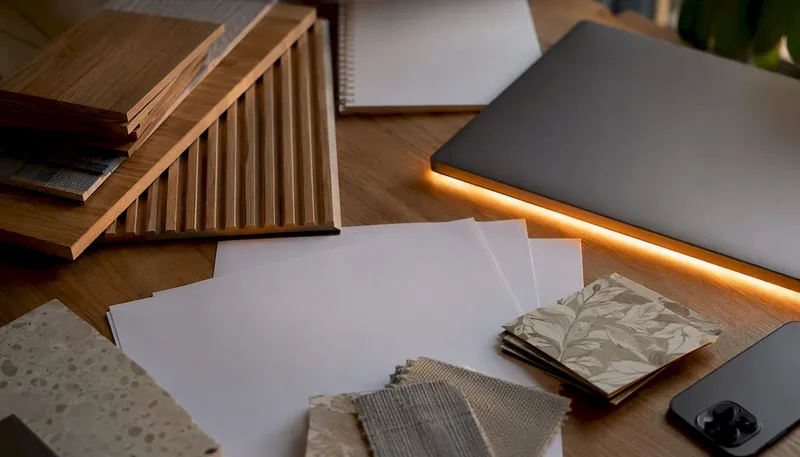 Flat lay of renovation planning materials