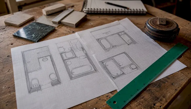 Bathroom layout sketches on squared paper