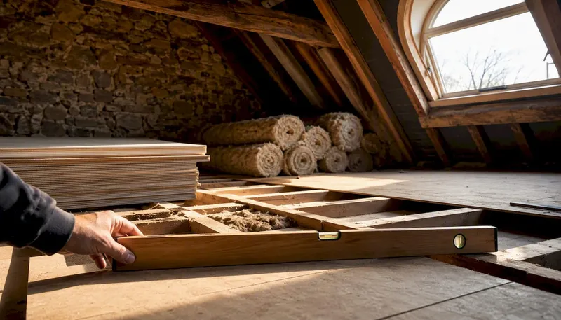 Loft mid-renovation with hand measuring joists