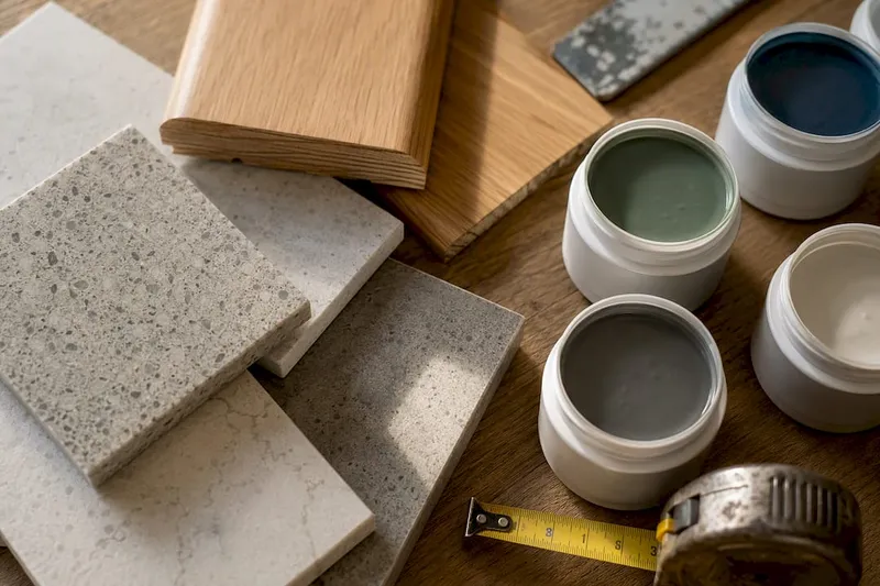 Kitchen material samples flat lay in UK renovation