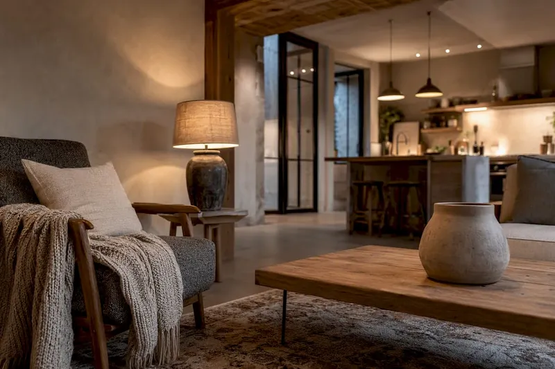 Modern UK living room with timber and plaster
