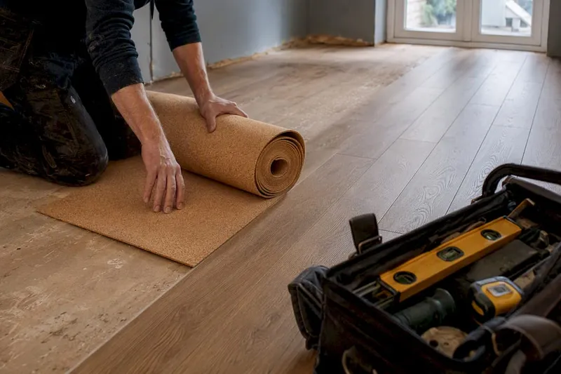 Hands laying cork acoustic underlay under floorboards
