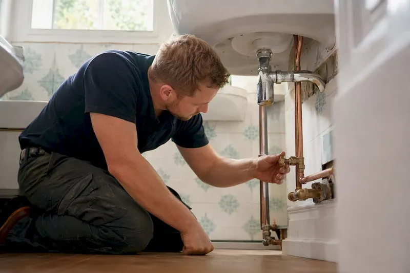 Hands adjusting bathroom water isolation valve