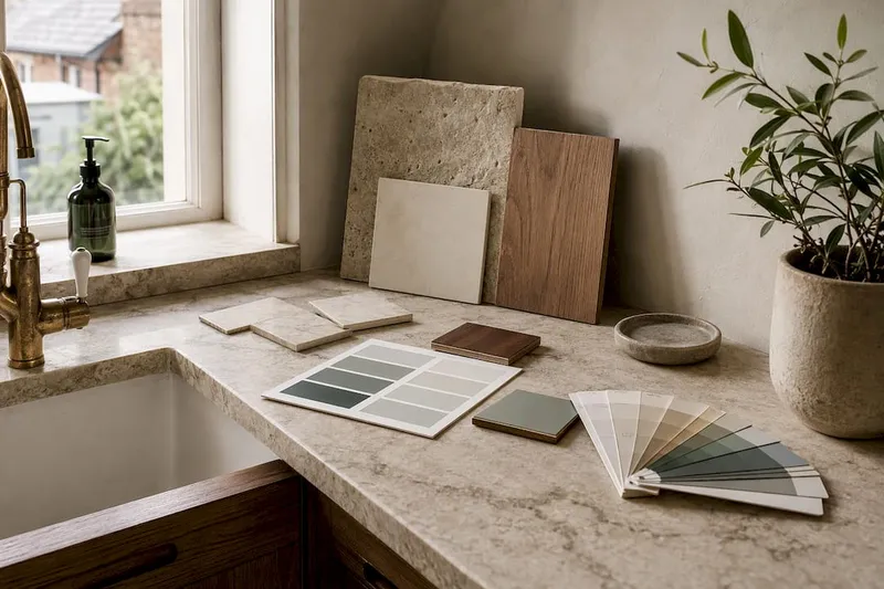 Material samples on sideboard in UK living room