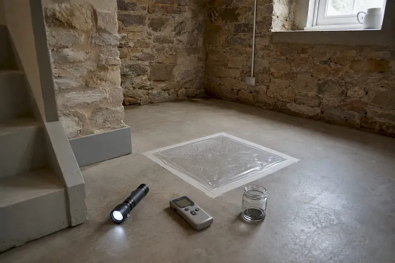 Plastic sheet moisture test on basement floor