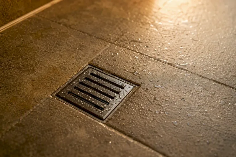 Close-up of bathroom floor drain with tile slope