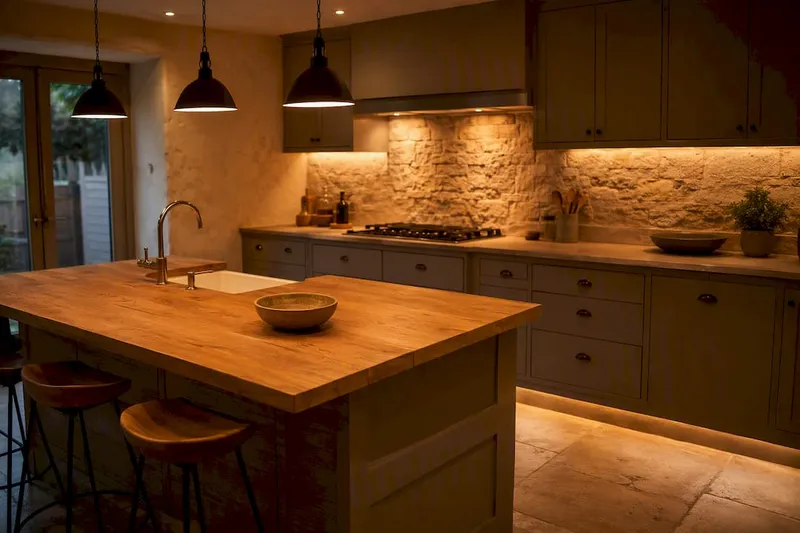 Layered lighting in kitchen interior
