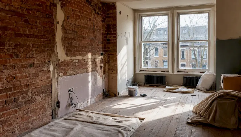 Unfinished UK living room mid-renovation