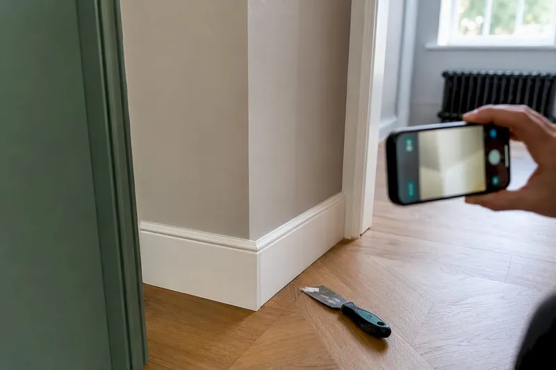 Worker photographing repaired hallway trim
