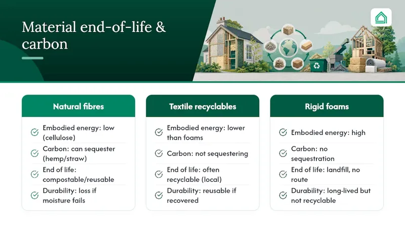 Embodied carbon, reuse, and end-of-life reality — overview diagram
