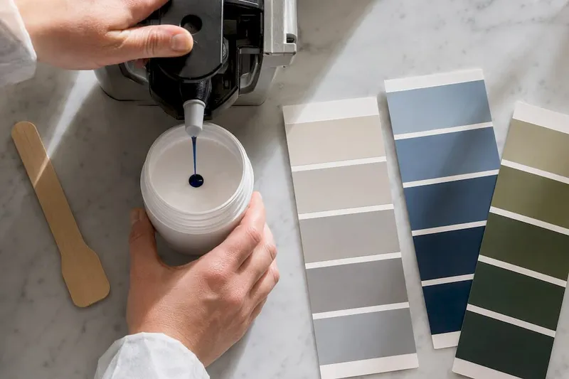 Paint colourant beside pale and dark swatches