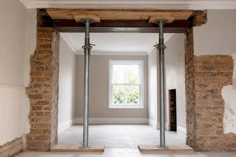 Adjustable steel props supporting wall opening