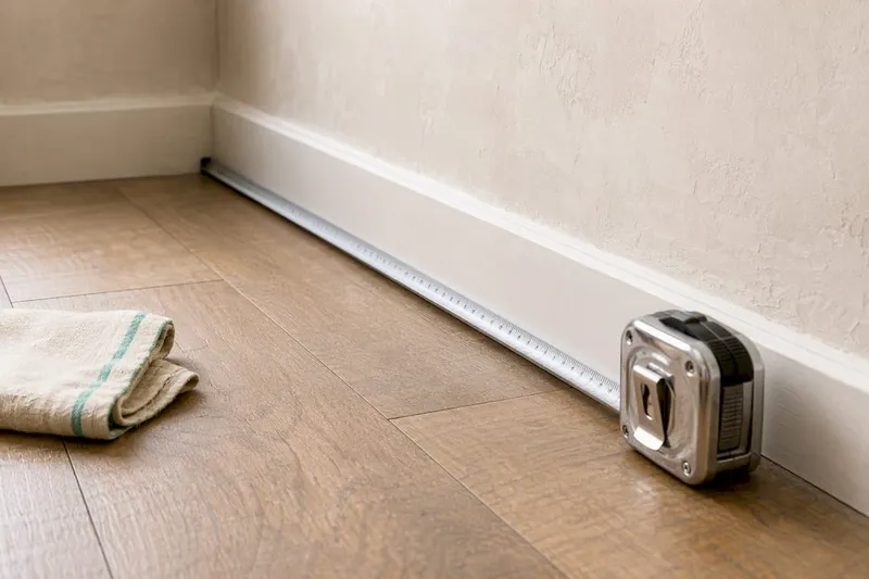 Steel tape aligned along a room skirting board