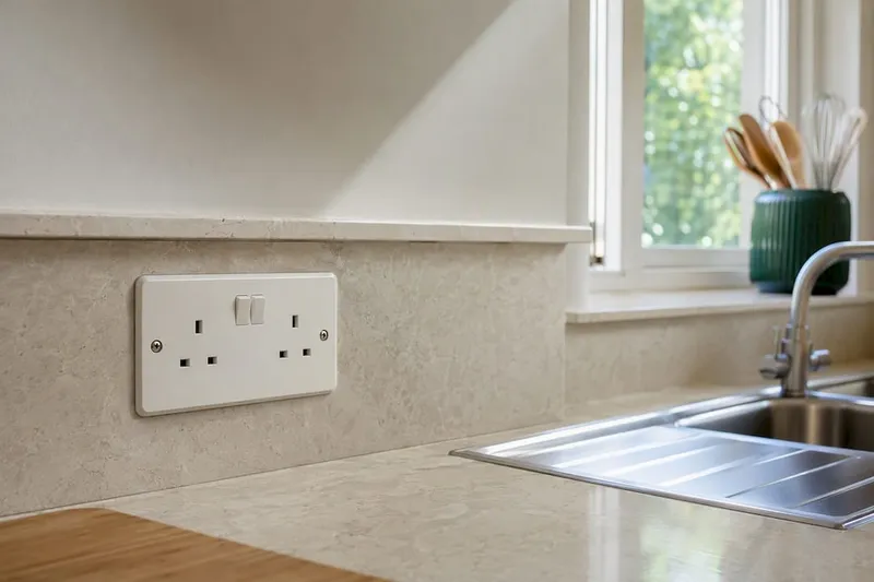 Protected electrical outlet beside European kitchen sink