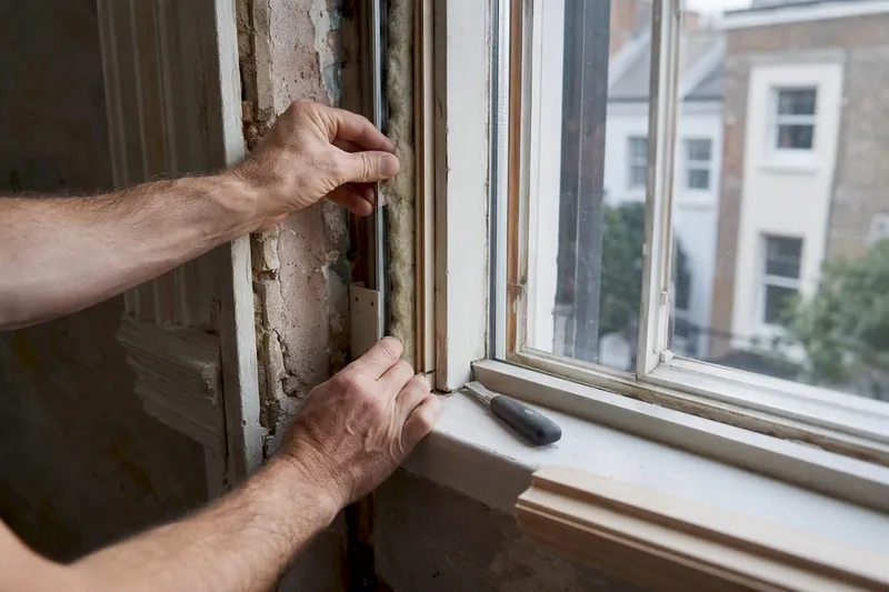 Hands fitting insulation around casement window
