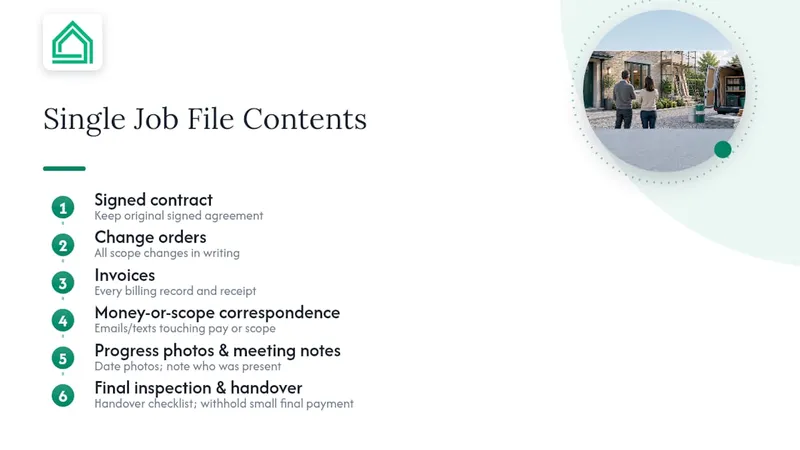 Construction job file contents and handover checkpoint