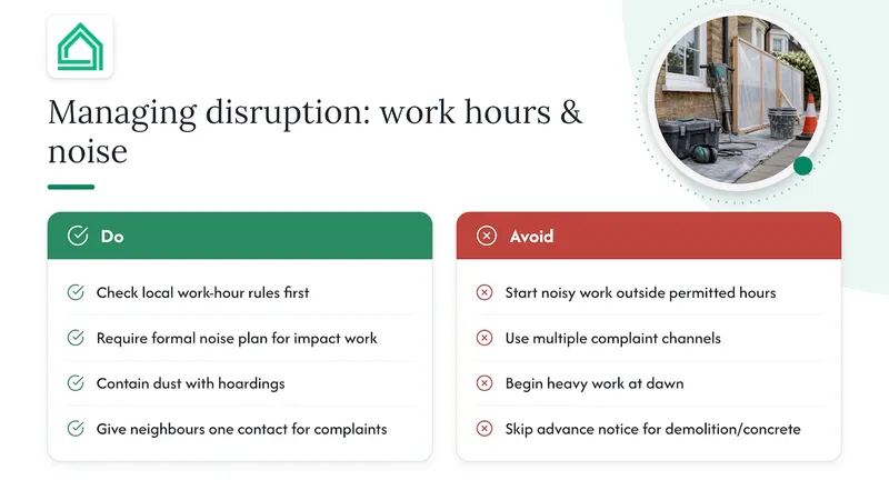Managing disruption: working hours, noise and coordination — overview diagram