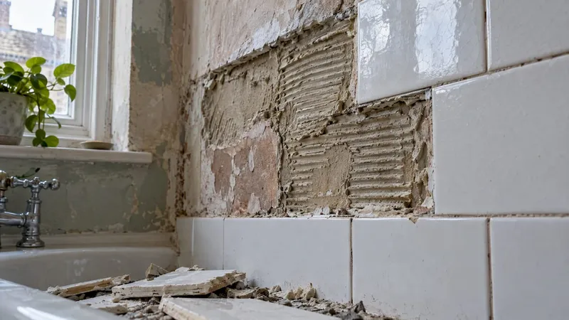 Removed bathroom tiles reveal uneven adhesive