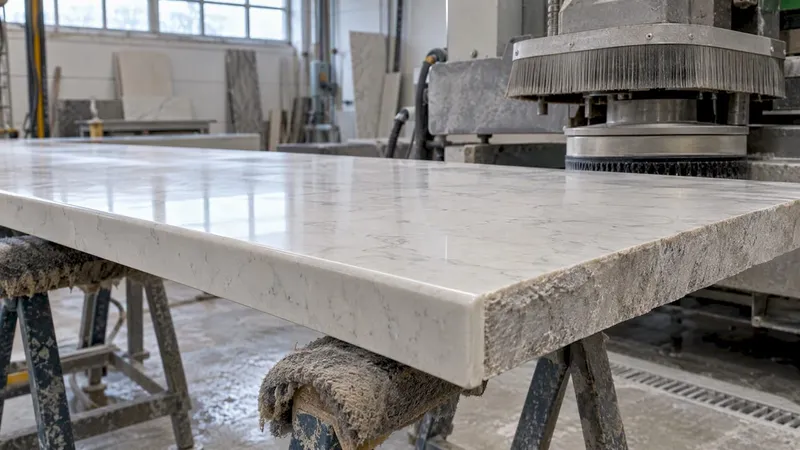 Quartz worktop edge in a fabrication workshop